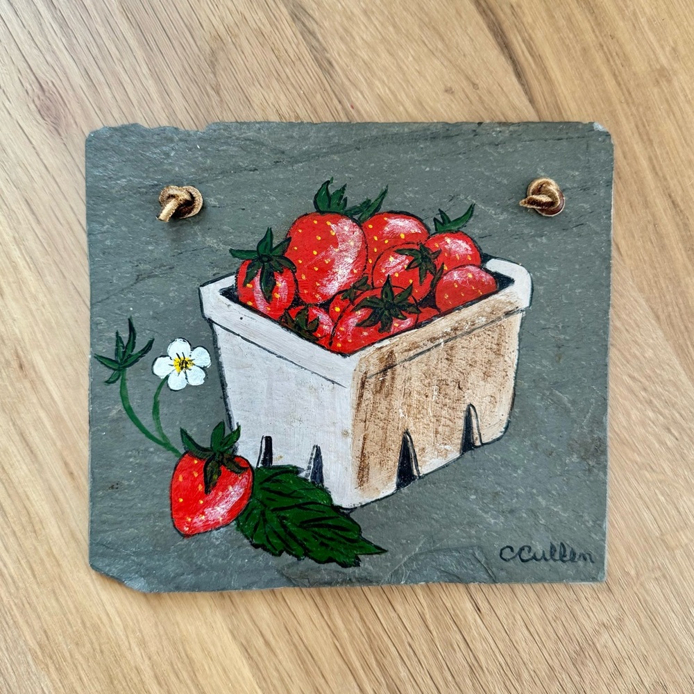 Vintage Signed Hand Painted Strawberry Slate Wall Hanging